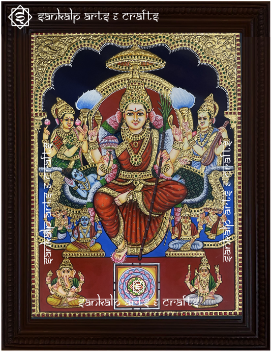 A beautifully framed Tanjore painting of Goddess Lalitha Parameshwari, adorned with gold foil and vibrant colors. A perfect spiritual decor piece for homes in Chennai & Bangalore.


