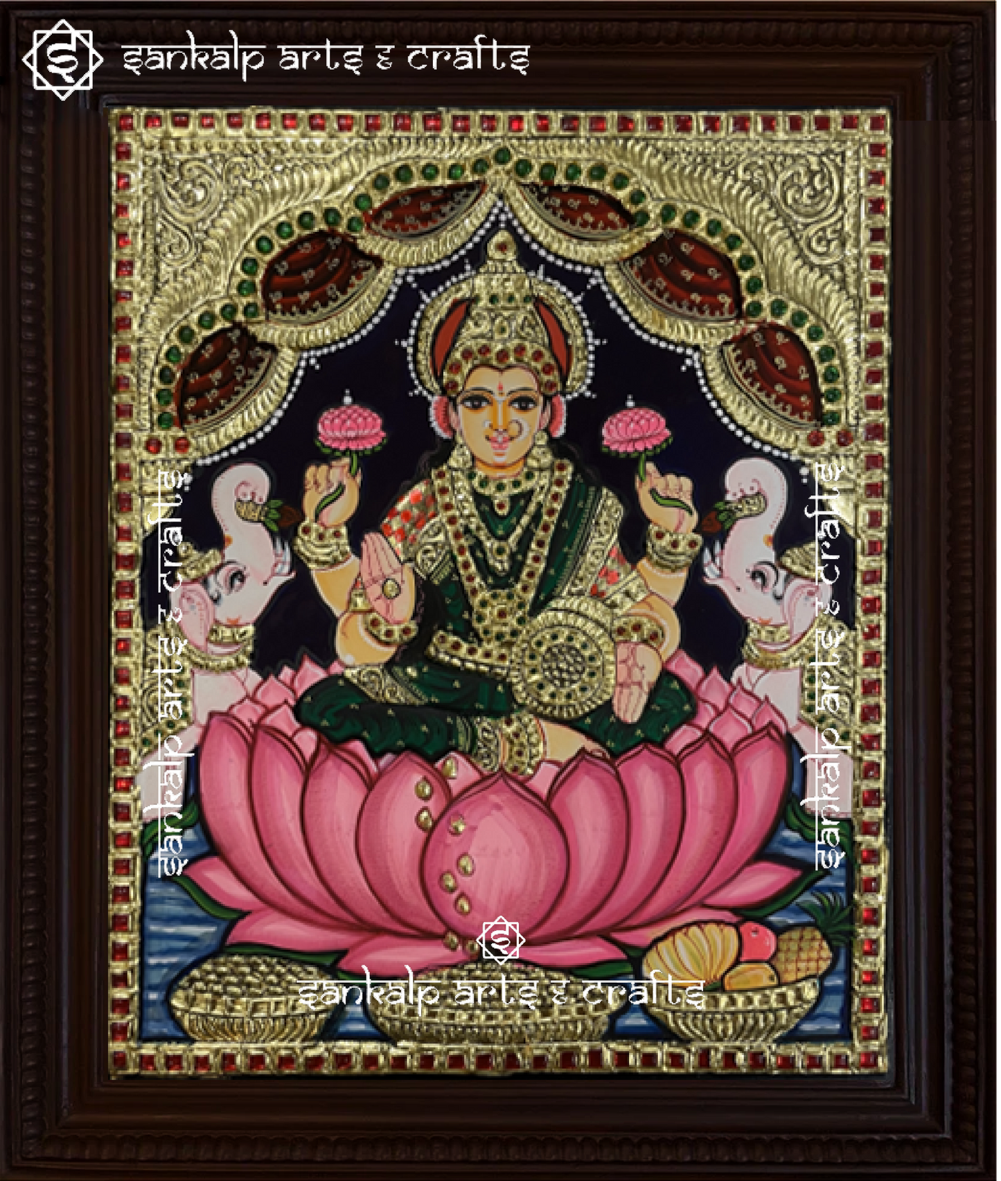 A beautifully handcrafted Mahalakshmi Tanjore painting depicting Goddess Lakshmi seated on a lotus, adorned with intricate gold foil detailing and vibrant colors. This masterpiece symbolizes wealth, prosperity, and divine blessings.

