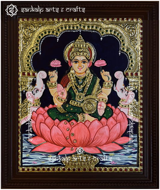 A divine antique-style Tanjore painting of Goddess Mahalakshmi, adorned with intricate gold foil work, perfect for home decor in Chennai & Bangalore.

