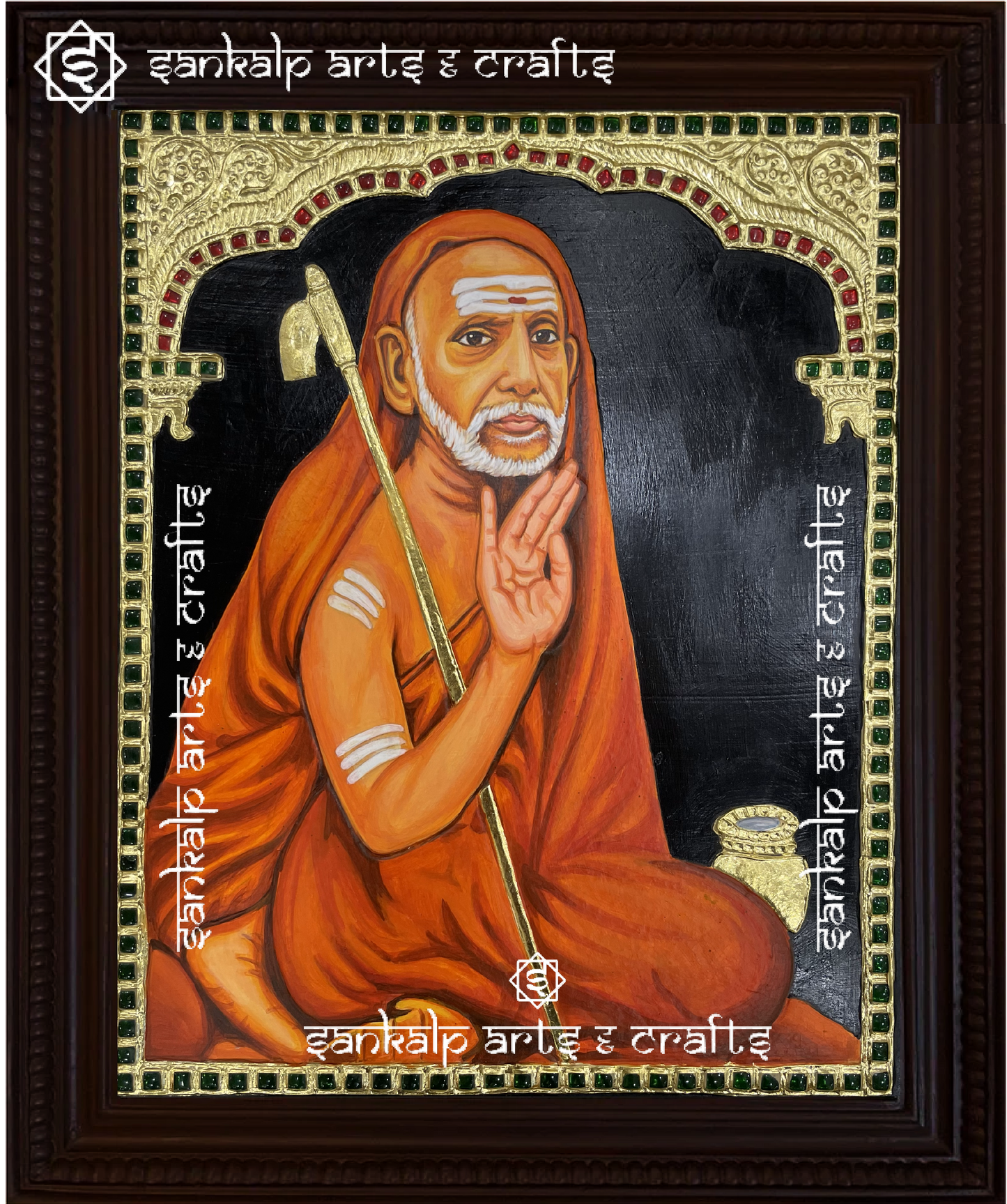 A handcrafted Mahaperiyava Tanjore painting featuring the revered Kanchi Paramacharya in serene meditation, highlighted by intricate gold foil detailing and vibrant colors. This artwork embodies wisdom, spirituality, and divine blessings.

