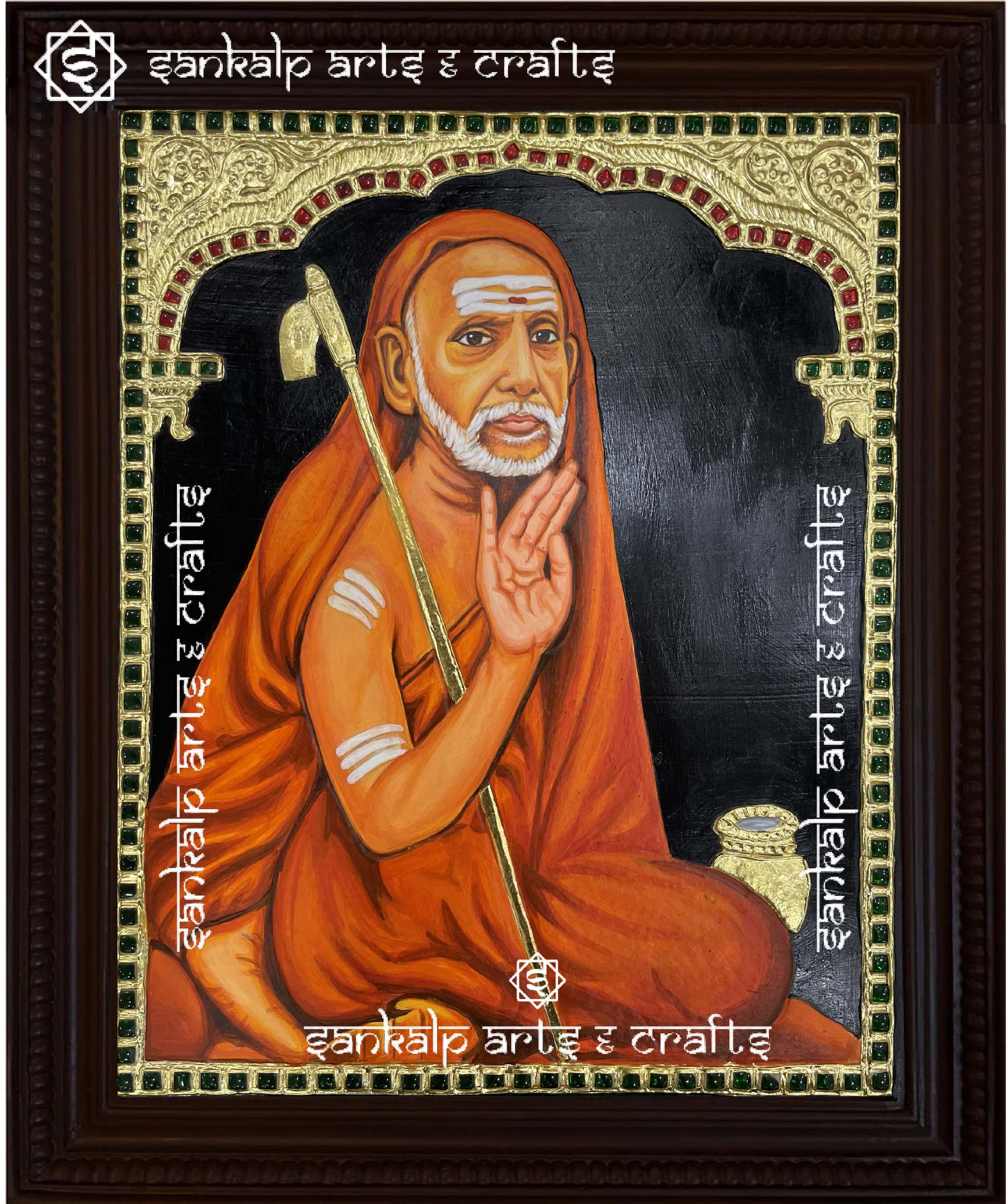 A handcrafted Mahaperiyava Tanjore painting featuring the revered Kanchi Paramacharya in serene meditation, highlighted by intricate gold foil detailing and vibrant colors. This artwork embodies wisdom, spirituality, and divine blessings.

