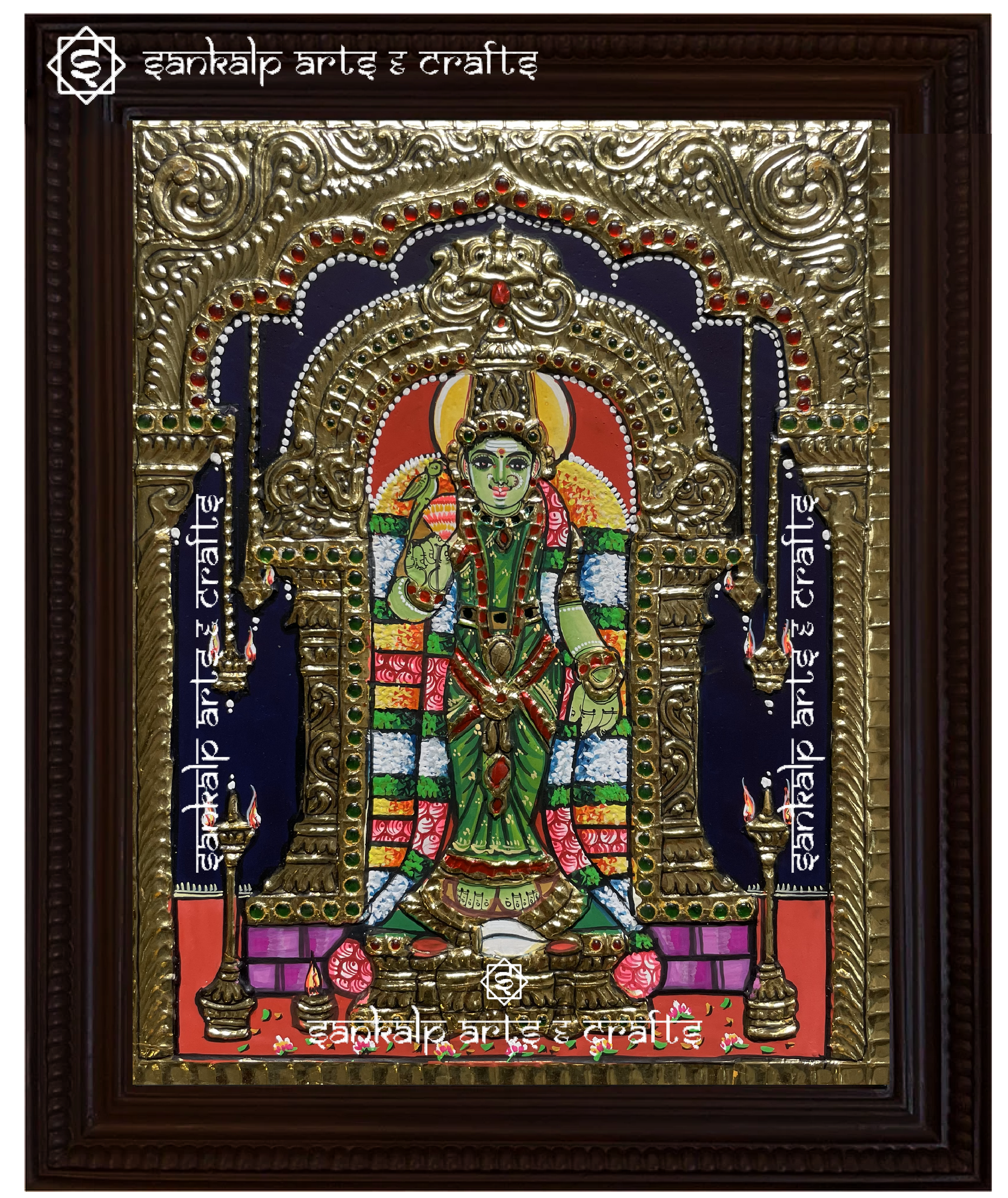 A divine antique-style Tanjore painting of Goddess Meenakshi Amman, adorned with intricate gold foil work, perfect for home decor in Chennai & Bangalore.

