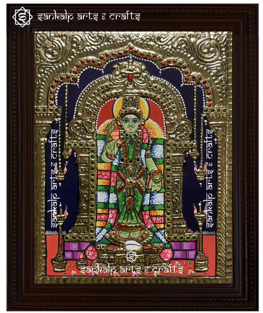 A divine antique-style Tanjore painting of Goddess Meenakshi Amman, adorned with intricate gold foil work, perfect for home decor in Chennai & Bangalore.

