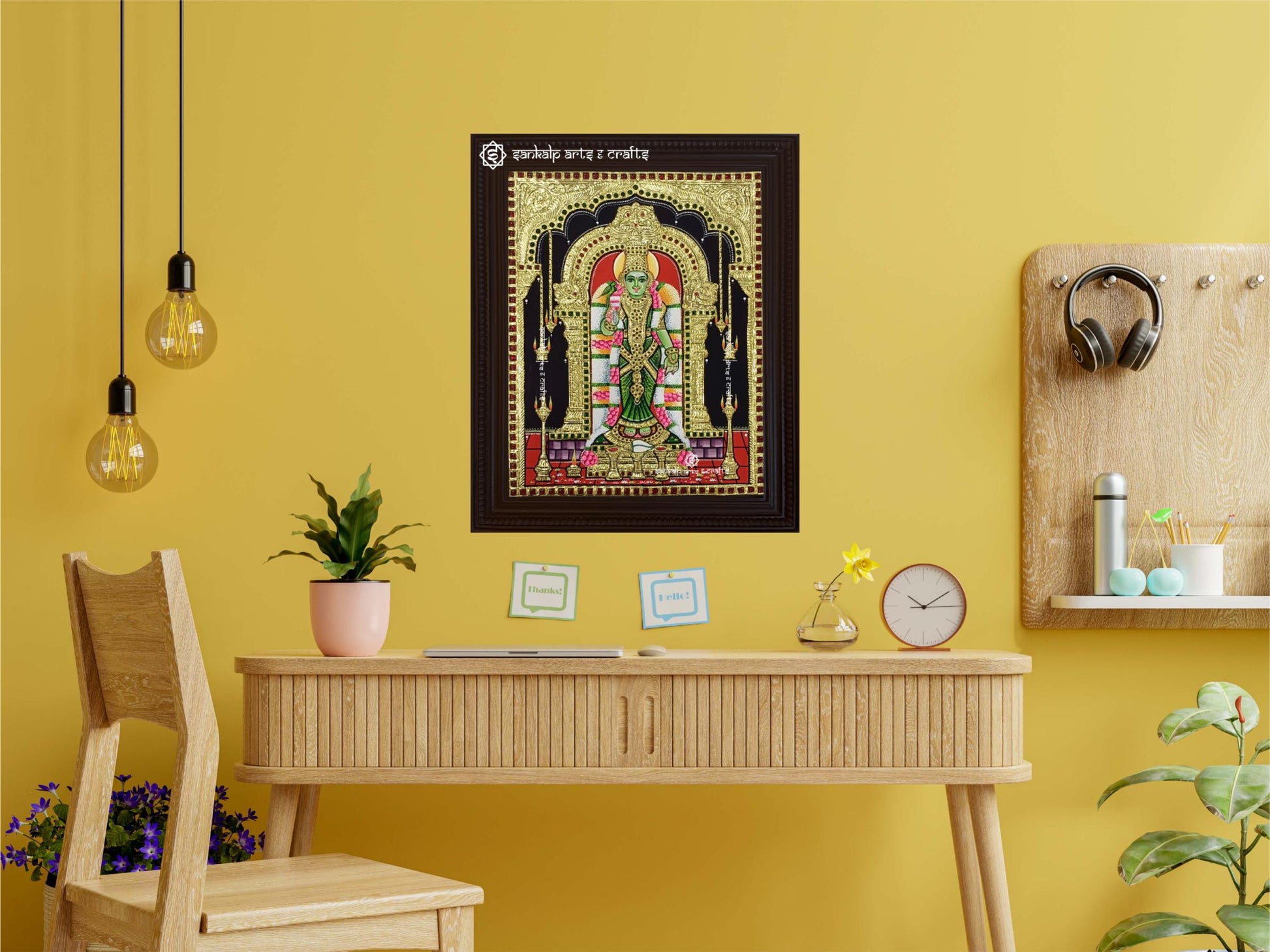 Meenakshi Amman Tanjore painting, beautifully capturing the goddess Meenakshi in vibrant colors and intricate details, showcasing her divine grace and power in traditional Indian art style.