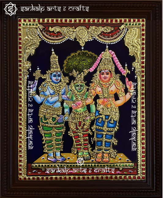 A magnificent Tanjore painting depicting the divine wedding of Goddess Meenakshi and Lord Sundareswarar. A spiritual decor piece for homes and temples in Chennai & Bangalore.

