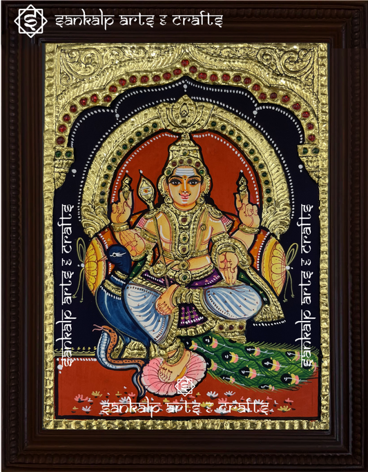 A divine Murugan Tanjore painting in traditional South Indian style, featuring rich gold foil work and intricate detailing. A perfect spiritual decor piece for Chennai & Bangalore.
