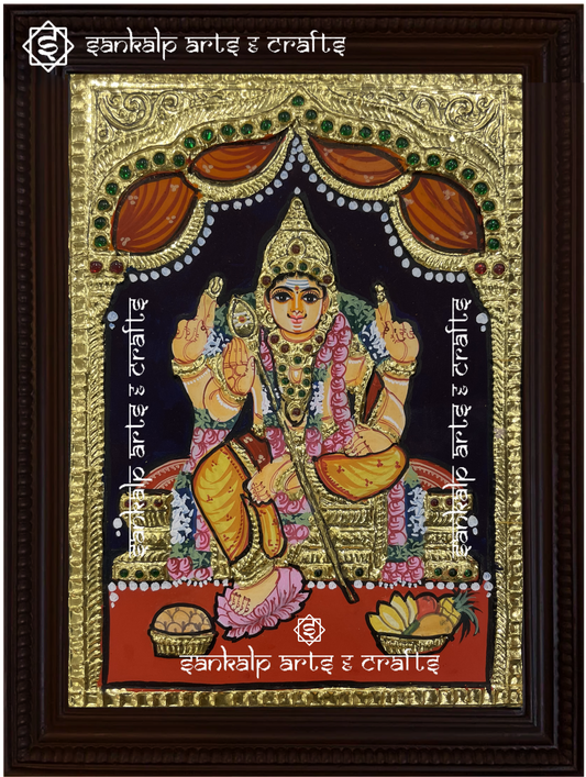 A divine antique-style Tanjore painting of Lord Murugan, adorned with intricate gold foil work, perfect for home decor in Chennai & Bangalore.

