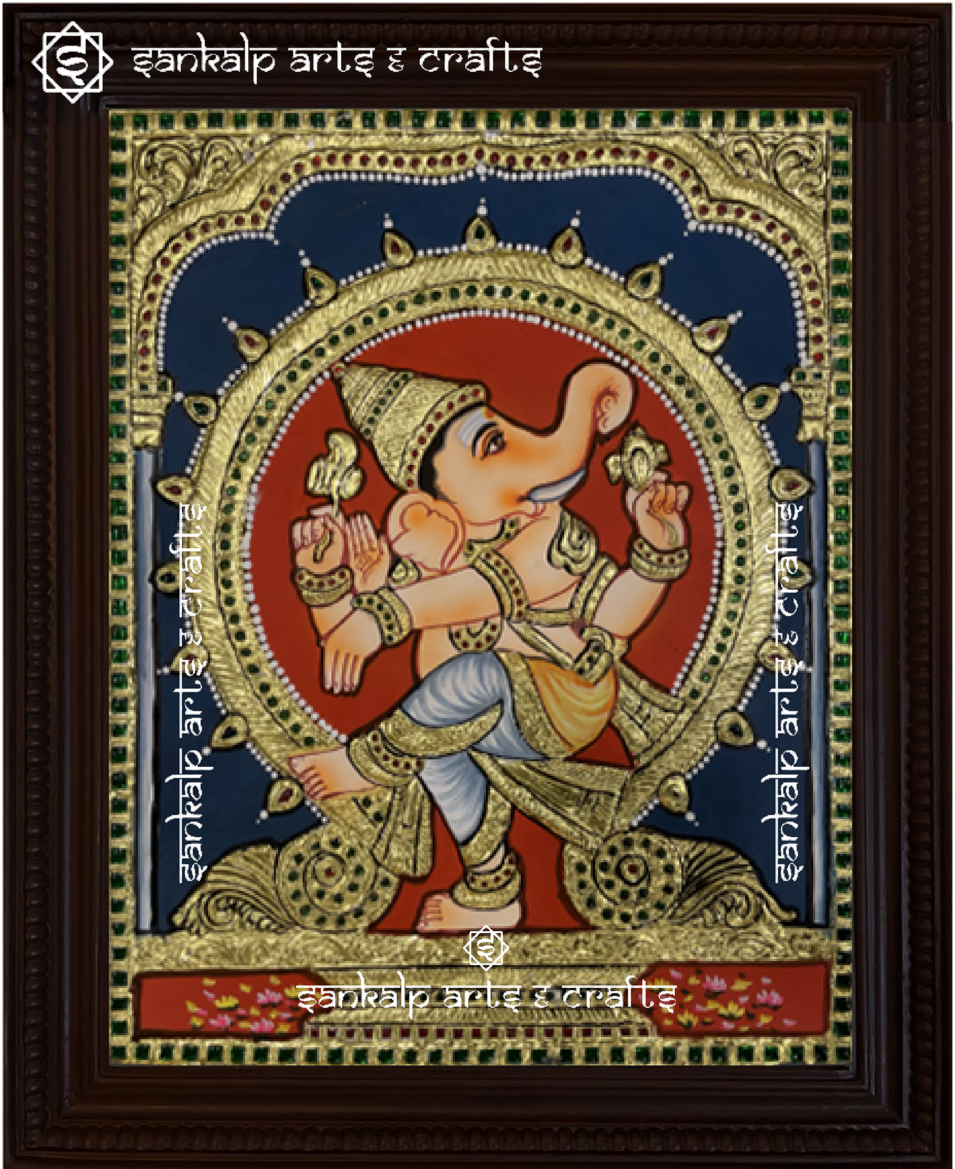 A beautifully framed Tanjore painting of Narthana Vinayagar, depicting Lord Ganesha in a graceful dancing pose. A perfect decor piece for homes in Chennai & Bangalore.
