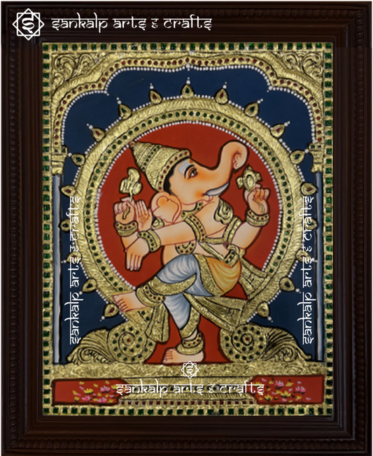 A beautifully framed Tanjore painting of Narthana Vinayagar, depicting Lord Ganesha in a graceful dancing pose. A perfect decor piece for homes in Chennai & Bangalore.