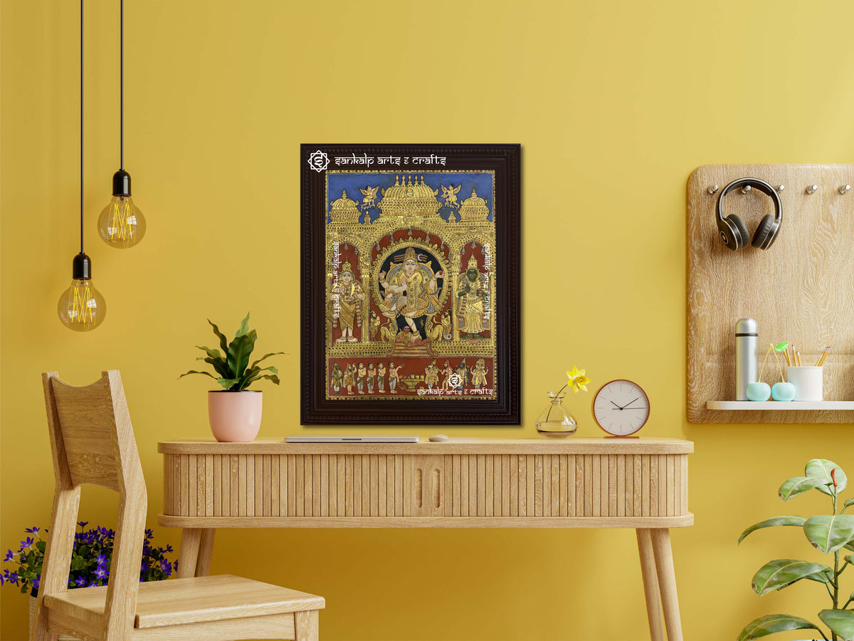 A framed Natarajar antique Tanjore painting, radiating divine energy with intricate gold work, deep earthy tones, and a timeless artistic appeal, perfect for spiritual spaces.







