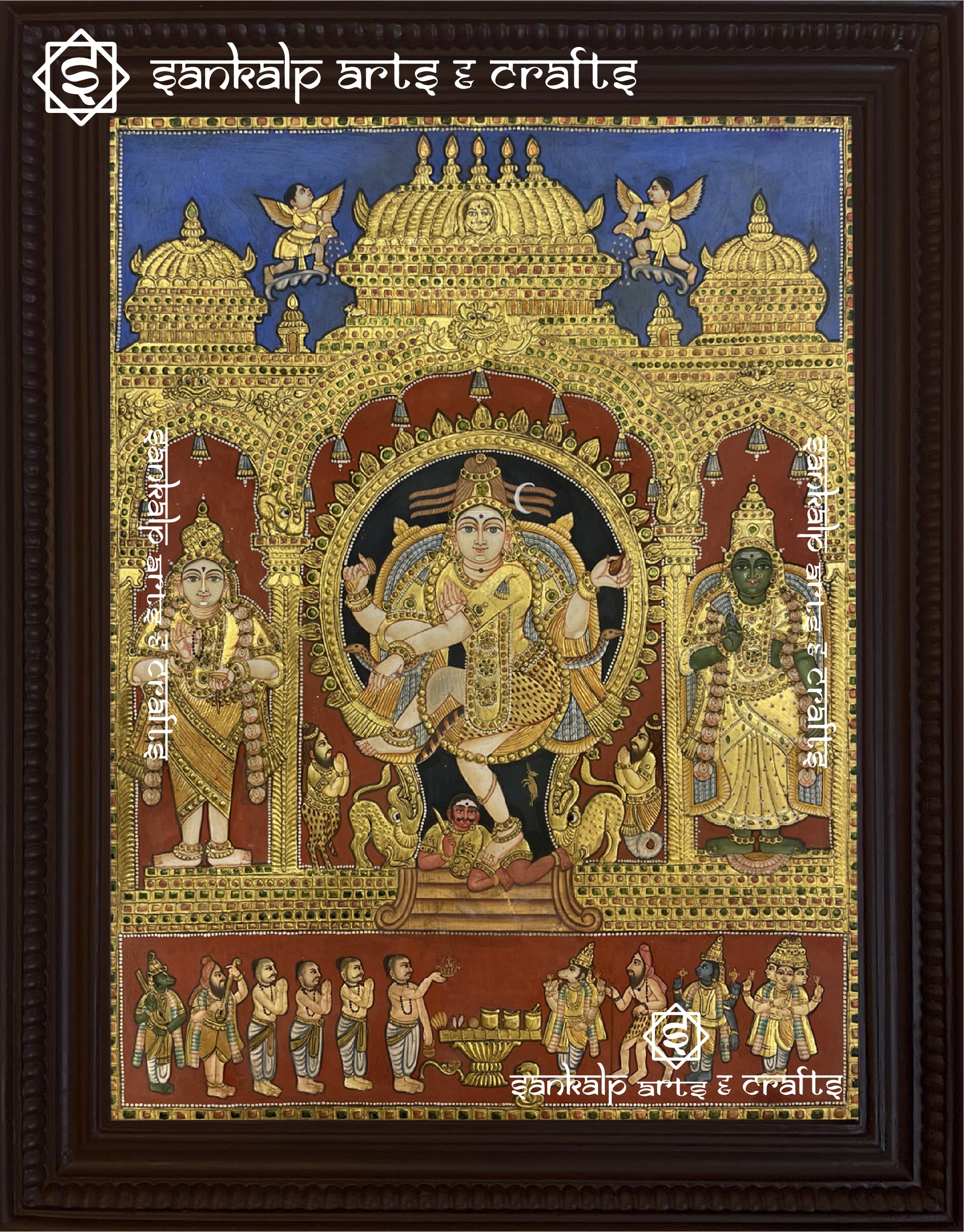 A stunning antique Natarajar Tanjore painting showcasing Lord Shiva in his cosmic dance form, adorned with intricate gold foil detailing and traditional artistic craftsmanship.

