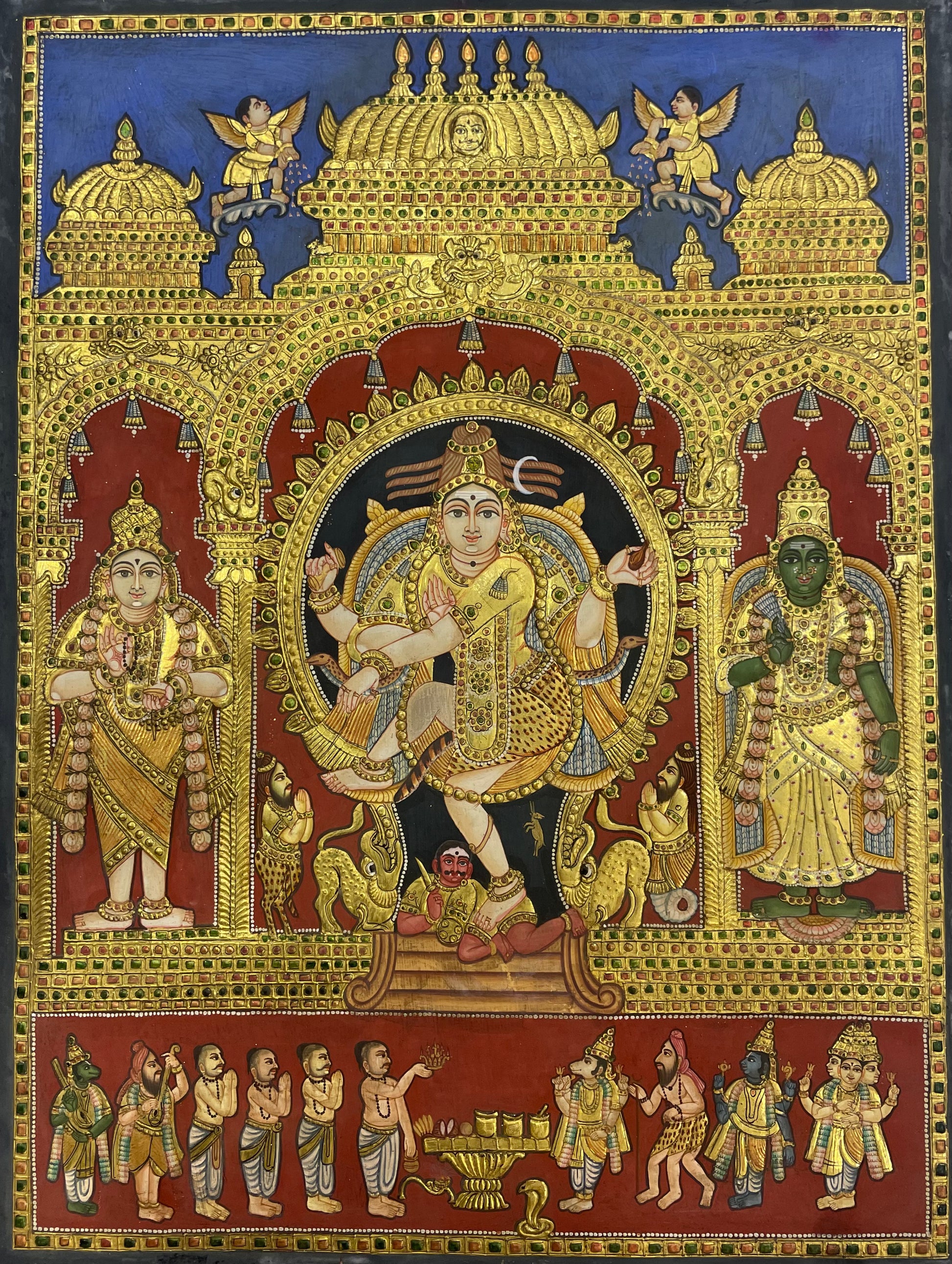 A close-up of the Natarajar antique Tanjore painting, featuring Lord Shiva in a dynamic dancing pose, highlighted with exquisite gold embellishments and a rich antique finish.

