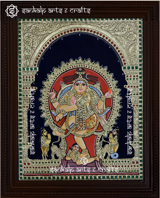 A mesmerizing Natarajar Tanjore painting, depicting Lord Shiva in his cosmic dance, adorned with rich gold foil and intricate detailing. A divine masterpiece for Chennai & Bangalore.
