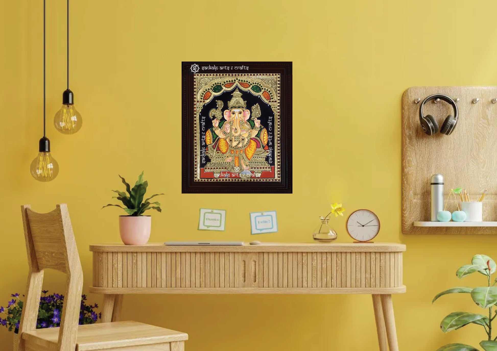 A beautifully framed North Indian Ganesha Tanjore painting, ideal for homes and temples, bringing divine blessings. Available in Chennai & Bangalore.

