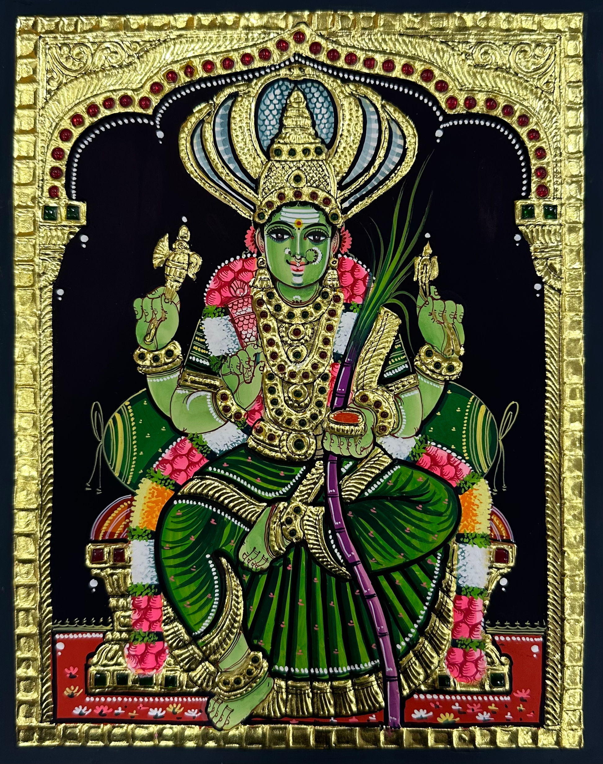 A close-up view of the Pachaiamman Tanjore painting, showcasing the goddess with rich textures and golden accents, making it a perfect addition to any spiritual space.