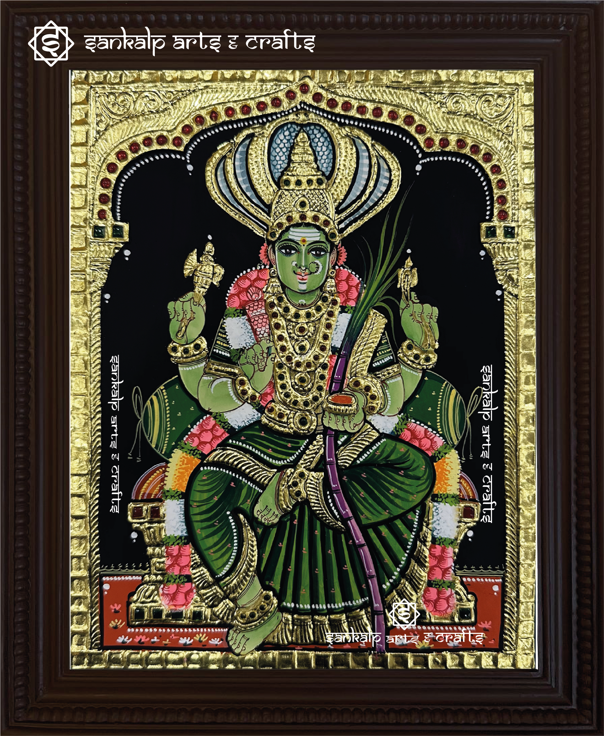 A stunning Pachaiamman Tanjore painting featuring intricate details and vibrant colors, with traditional gold foil work that beautifully depicts the goddess in her divine form.