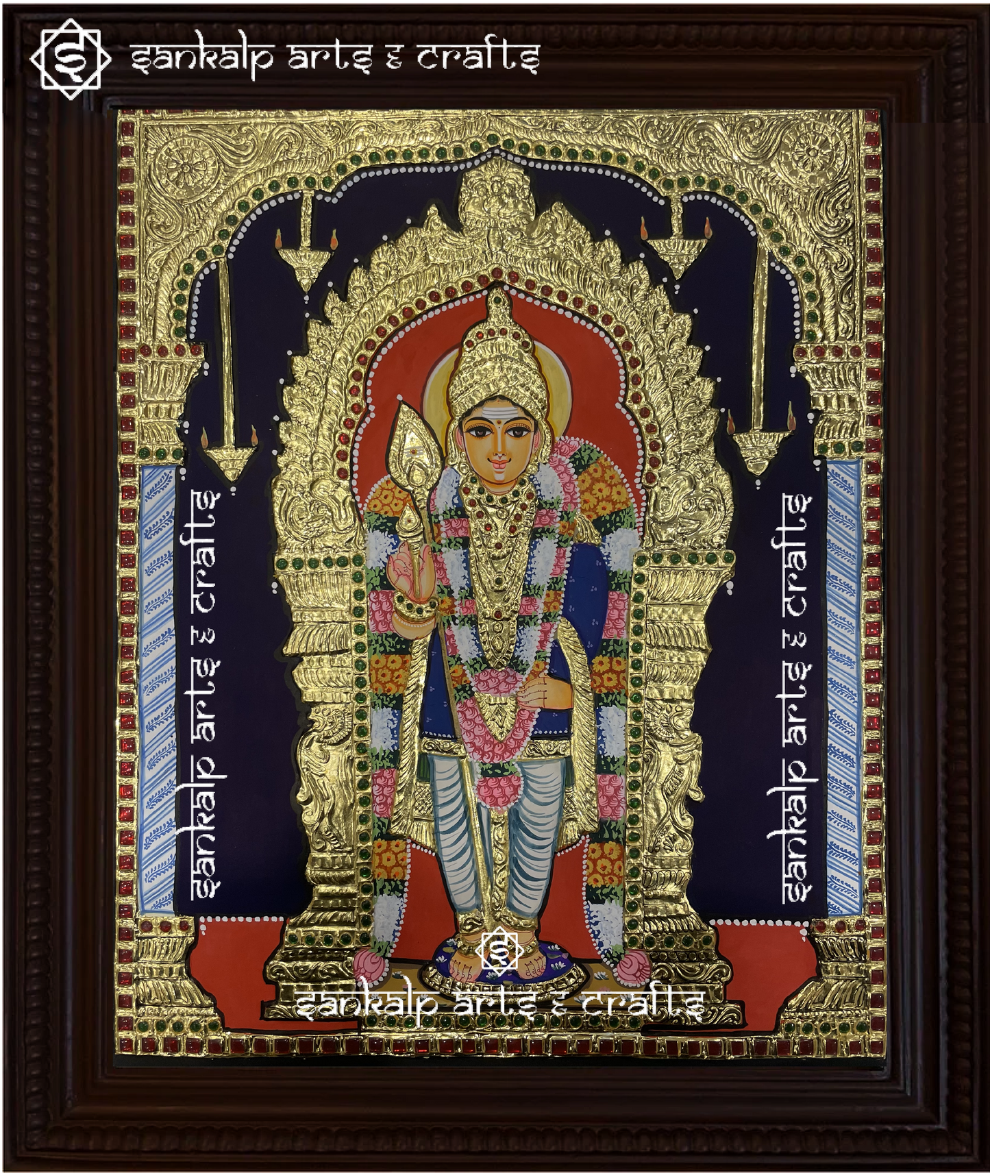 A beautifully framed Tanjore painting of Lord Palani Murugan, depicted with his Vel and sacred wisdom. A perfect spiritual decor piece for homes in Chennai & Bangalore.

