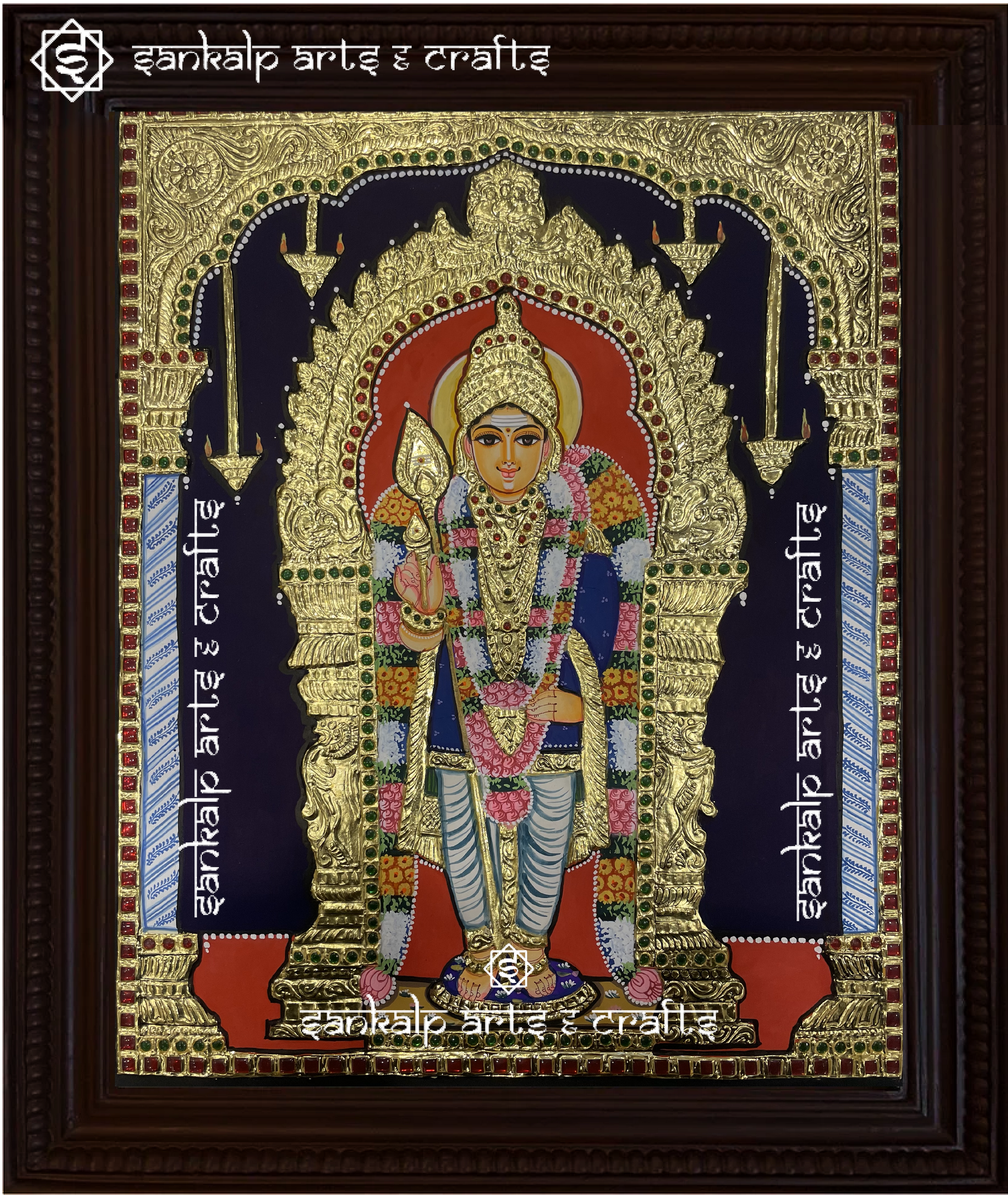 A beautifully framed Tanjore painting of Lord Palani Murugan, depicted with his Vel and sacred wisdom. A perfect spiritual decor piece for homes in Chennai & Bangalore.

