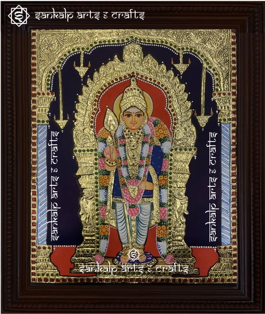 A beautifully framed Tanjore painting of Lord Palani Murugan, depicted with his Vel and sacred wisdom. A perfect spiritual decor piece for homes in Chennai & Bangalore.

