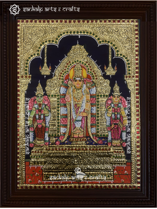 A stunning framed Tanjore painting of Lord Murugan at Pazhamudircholai, adorned with intricate gold foil detailing. A sacred decor piece for homes in Chennai & Bangalore.

