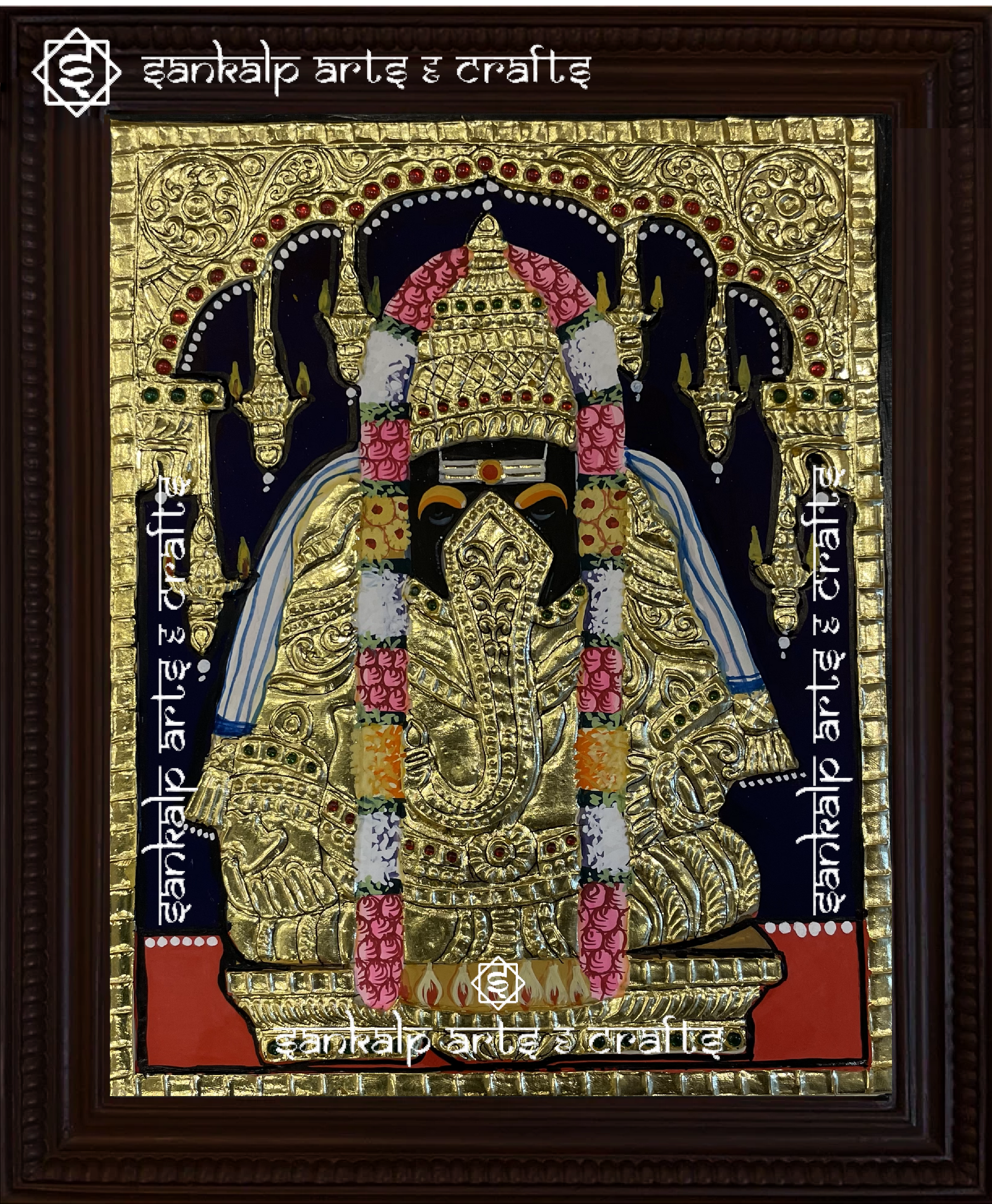 A beautifully framed Tanjore painting of Pillayarpatti Vinayagar, featuring rich gold foil detailing. A perfect decor piece for homes in Chennai & Bangalore.