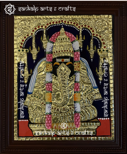 A beautifully framed Tanjore painting of Pillayarpatti Vinayagar, featuring rich gold foil detailing. A perfect decor piece for homes in Chennai & Bangalore.