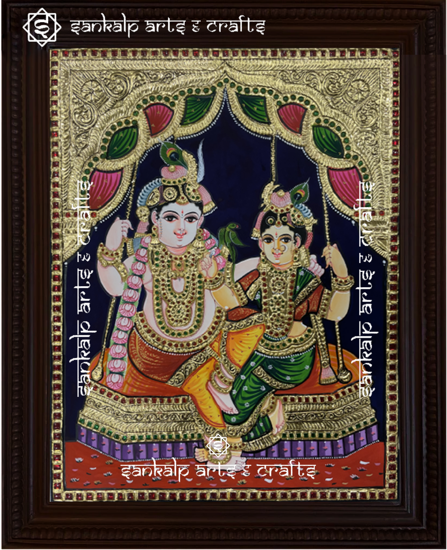 A close-up of the Jhula Radhe Krishna Tanjore painting, showcasing Lord Krishna and Radha on a swing, adorned with intricate gold embellishments and rich hues, representing eternal love, harmony, and divine blessings.

