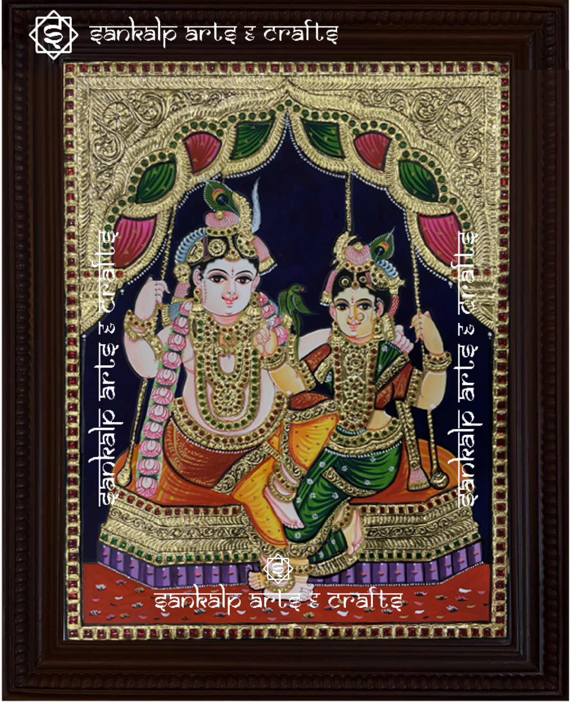 A close-up of the Jhula Radhe Krishna Tanjore painting, showcasing Lord Krishna and Radha on a swing, adorned with intricate gold embellishments and rich hues, representing eternal love, harmony, and divine blessings.

