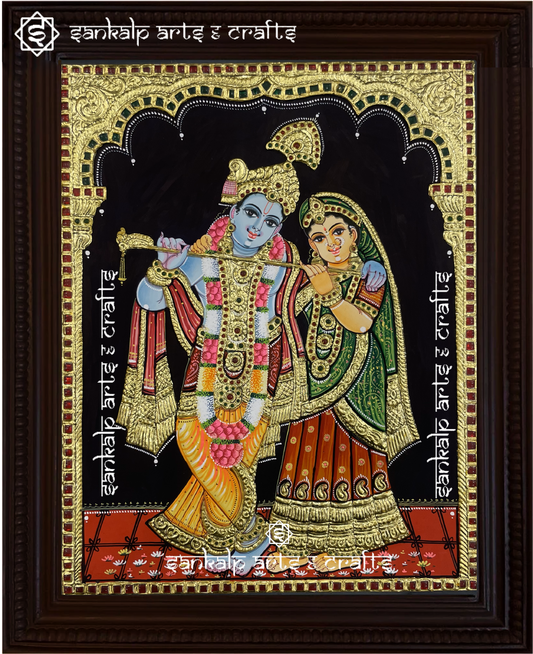 A mesmerizing Radhe Krishna Tanjore painting, handcrafted with intricate details and rich gold foil work. Ideal for spiritual decor in Chennai & Bangalore.