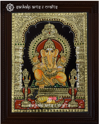 A stunning Tanjore painting of Lord Ganesha in Raja Alangaram, richly decorated with gold foil and vibrant colors. Perfect decor for homes in Chennai & Bangalore.
