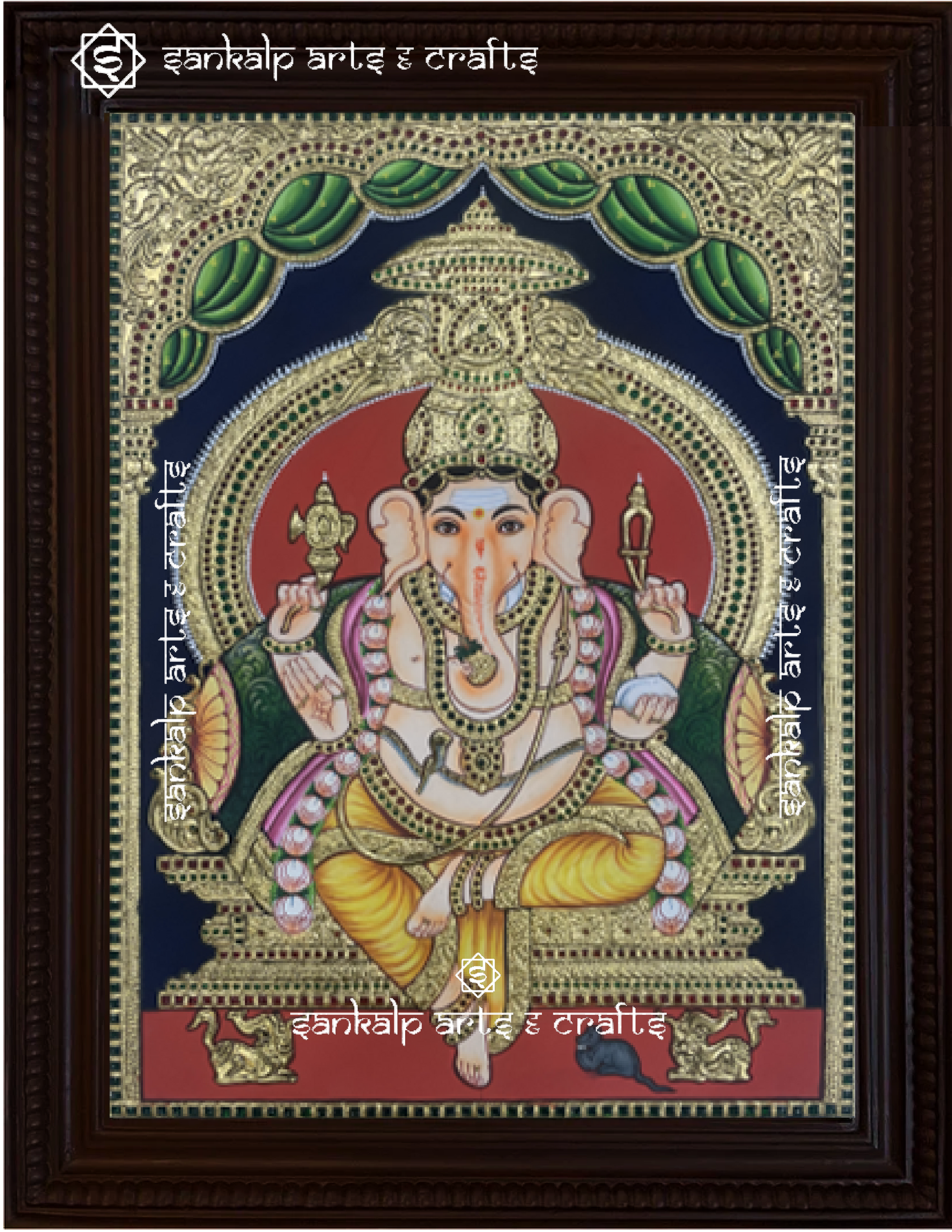A beautifully framed Tanjore painting of Raja Alangara Ganesha, adorned with intricate gold foil work and rich colors. A perfect decor piece for homes in Chennai & Bangalore.