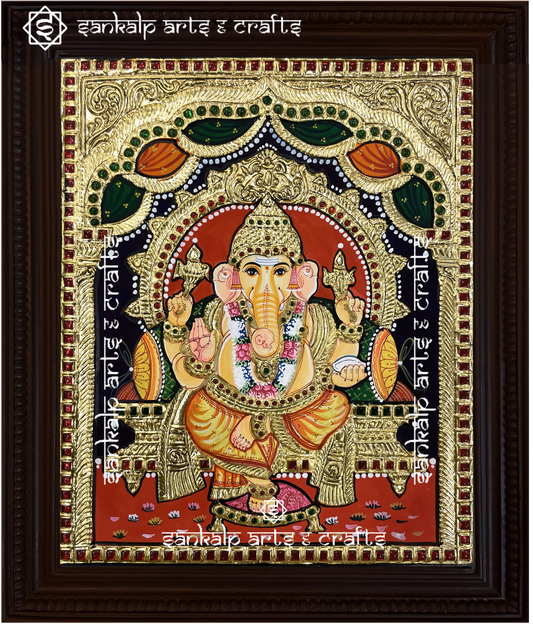 A stunning Raja Alangara Ganesha Tanjore painting with intricate gold detailing, reflecting divine grace. Available in Chennai & Bangalore.

