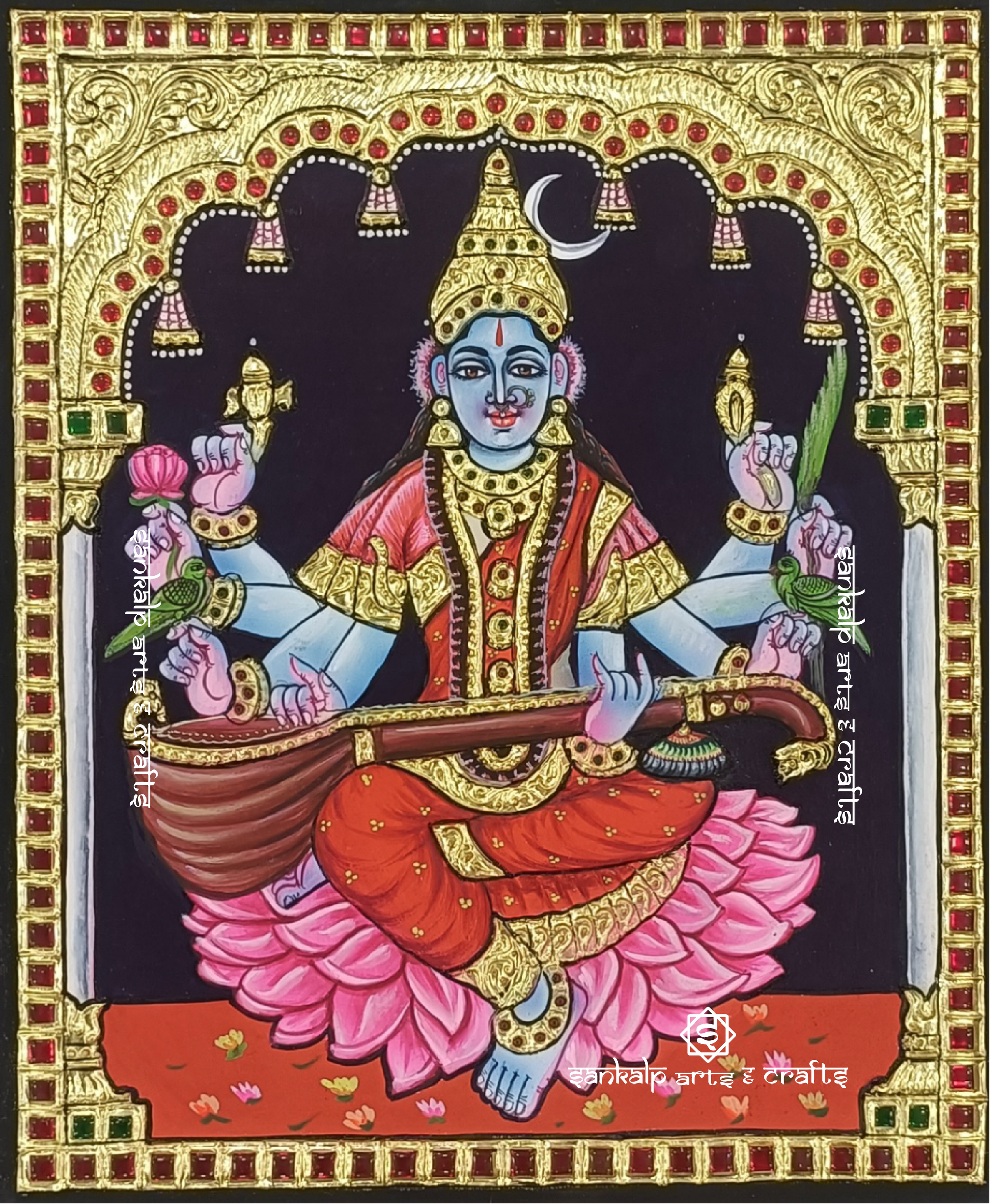A close-up of the Raja Mathangi Tanjore painting, highlighting the divine goddess's detailed features, perfect for adding spiritual elegance to any home.

