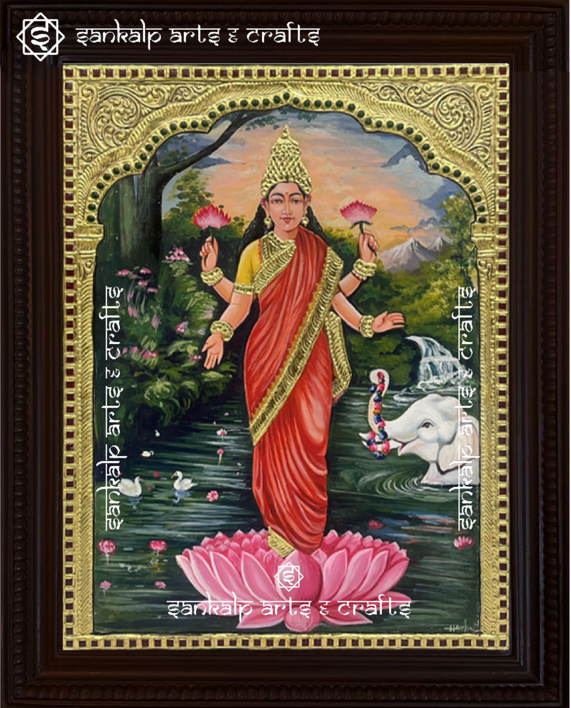 A stunning Raja Ravi Varma-style Gajalakshmi Tanjore painting, adorned with gold foil detailing and rich colors. A perfect decor piece for homes and temples in Chennai & Bangalore.

