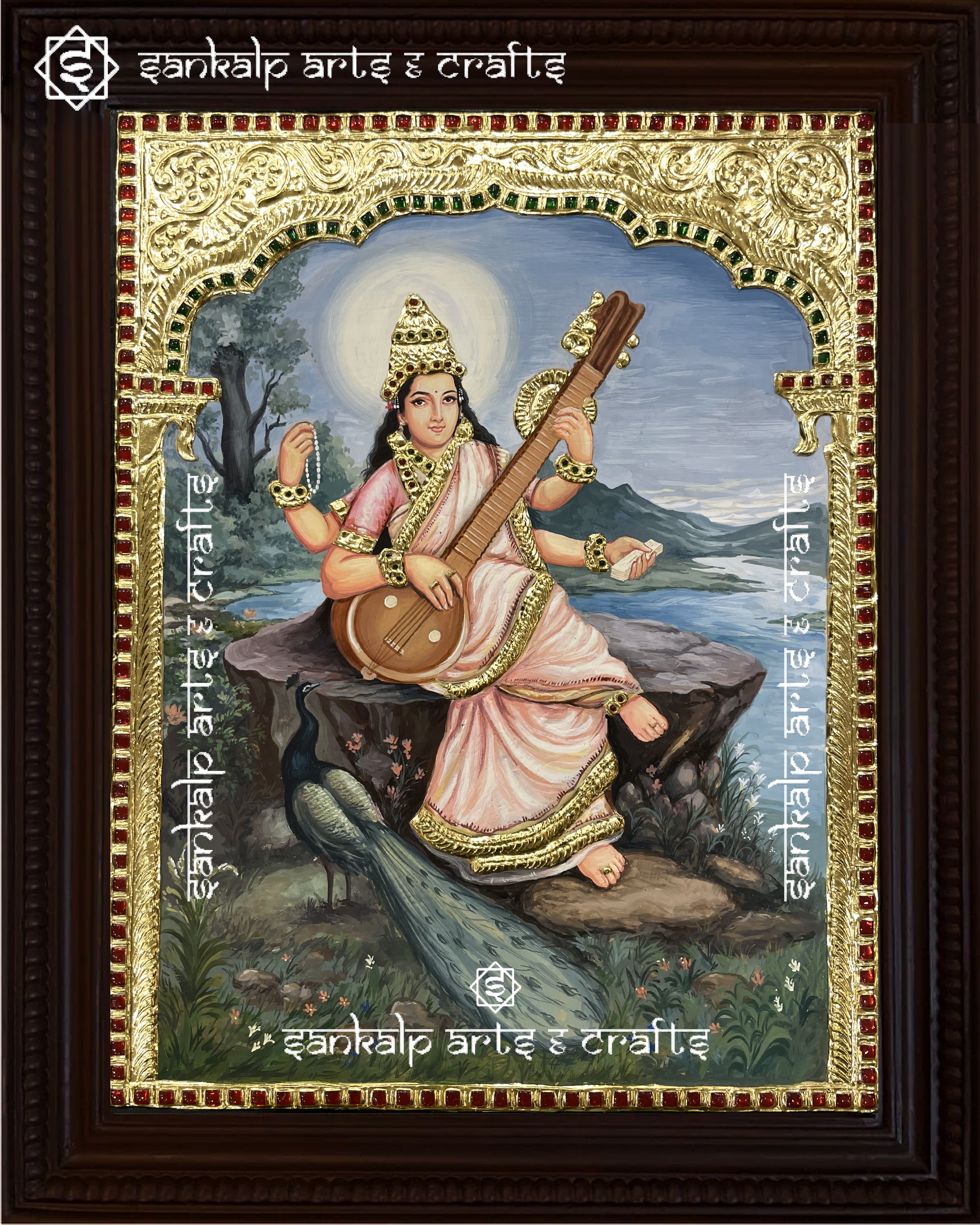 A divine Raja Ravi Varma Saraswathi Tanjore painting showcasing Goddess Saraswathi in an elegant seated posture. This handcrafted masterpiece is available in Chennai & Bangalore.

