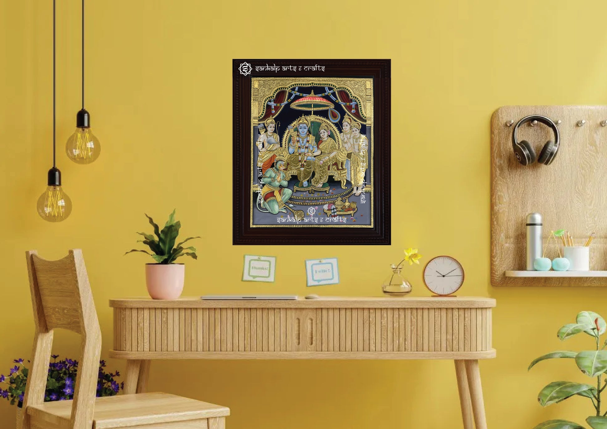 A stunning antique-style Tanjore painting of Ram Darbar, bringing divine elegance and spiritual energy to home decor. Available in Chennai & Bangalore.