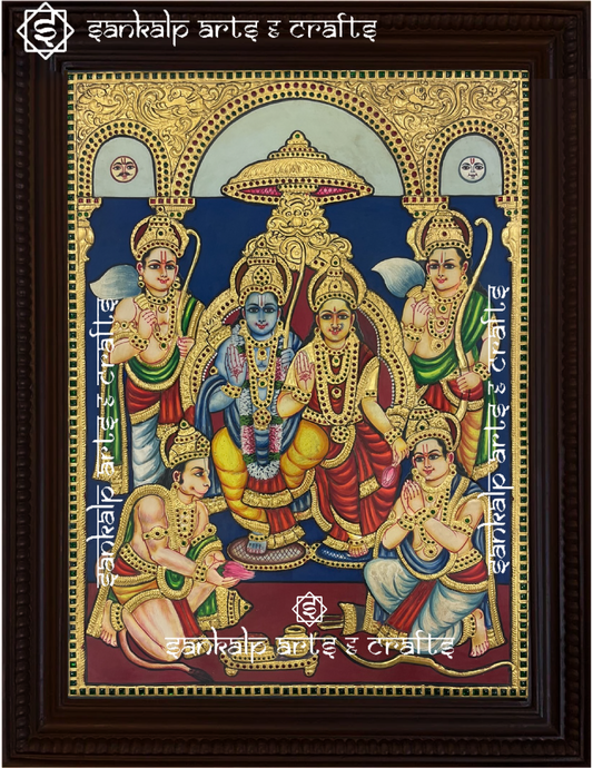A beautifully handcrafted Ram Darbar Tanjore painting in antique style, showcasing Lord Ram, Goddess Sita, Lakshman, and Hanuman in divine unity. The intricate gold foil detailing and rich colors enhance its traditional and timeless appeal.

