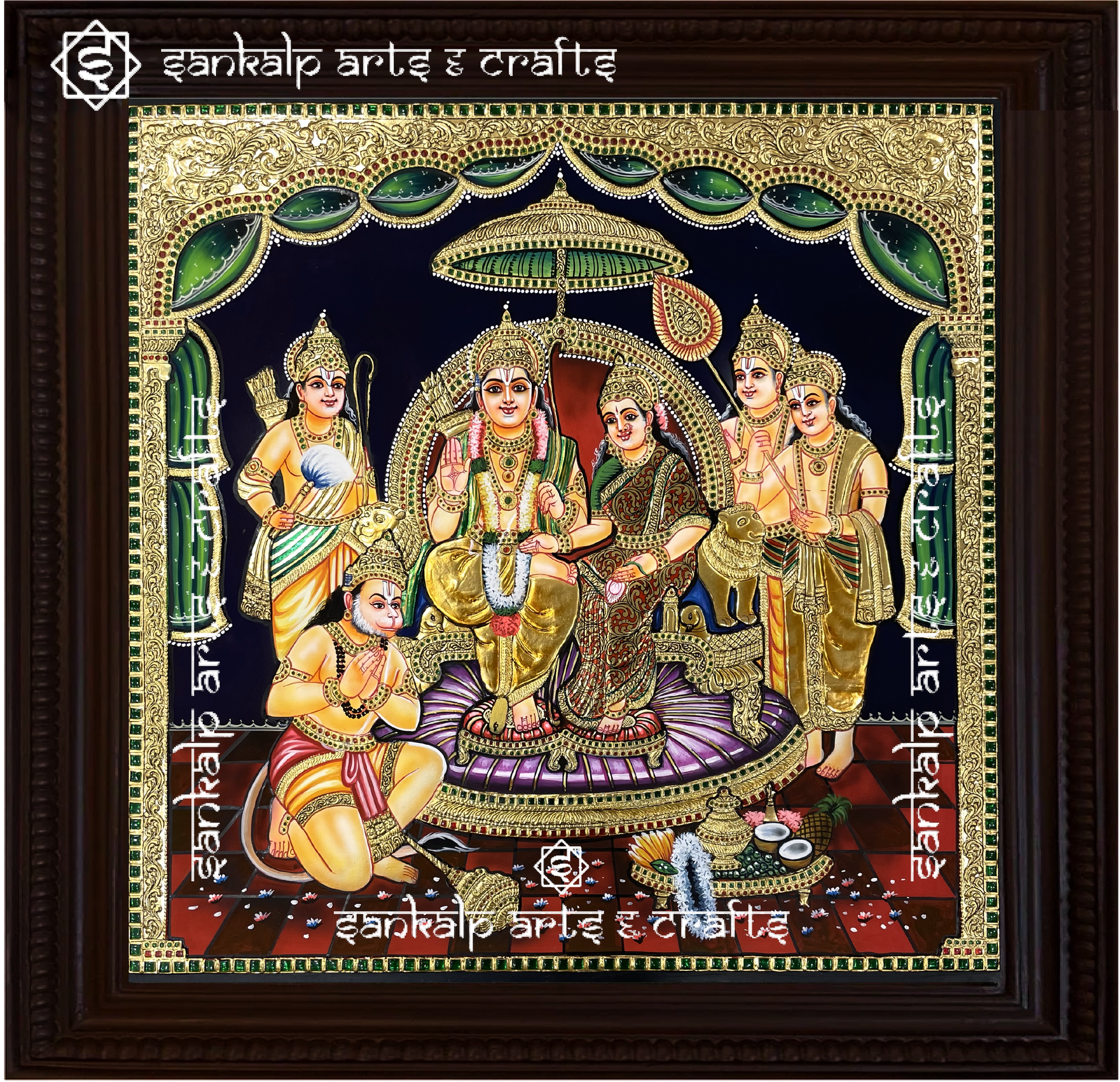 A stunning Ram Darbar Tanjore painting featuring Lord Rama, Sita, Lakshmana, and Hanuman in a beautifully detailed gold foil finish. Available in Chennai & Bangalore.

