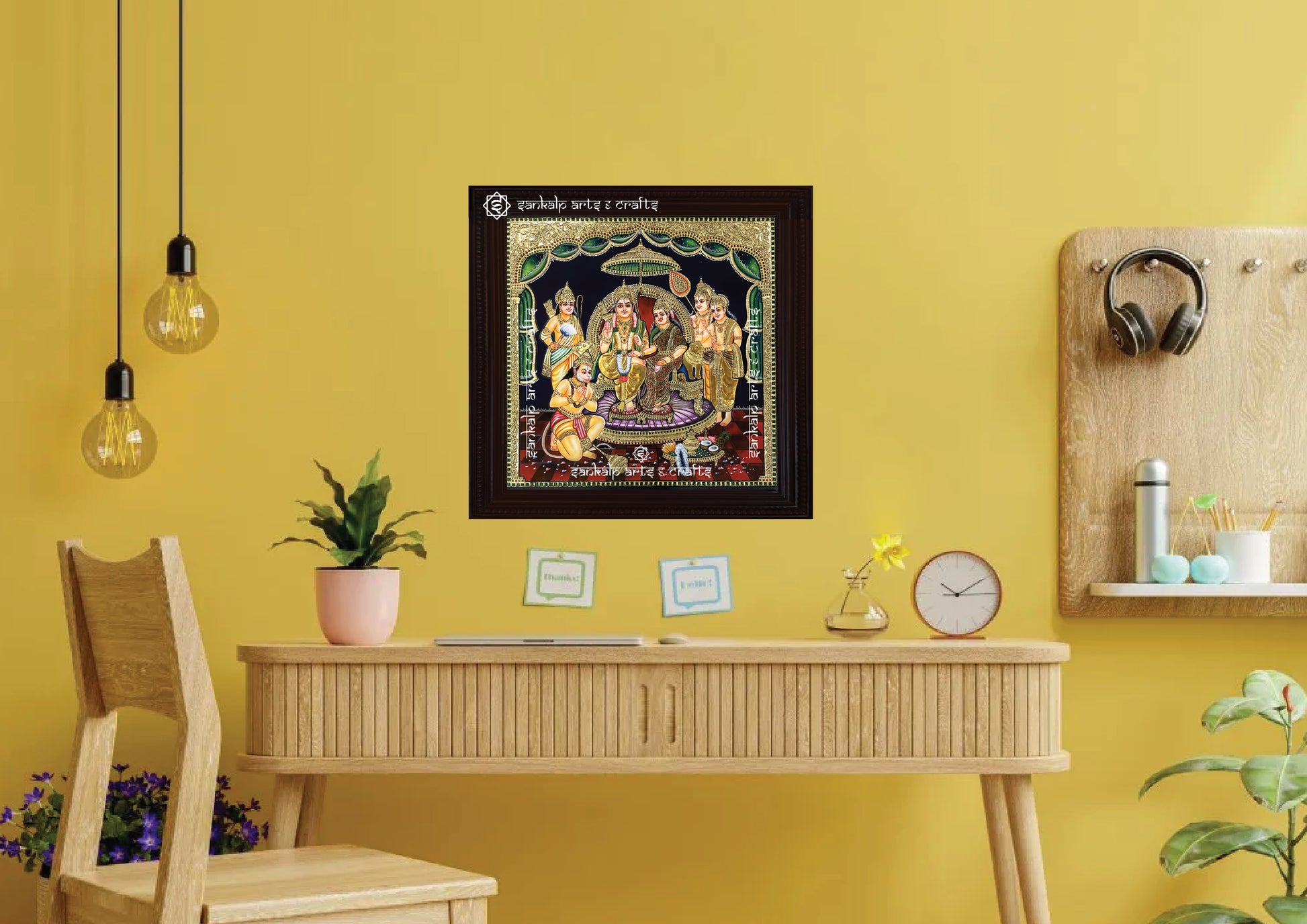 A framed Ram Darbar Tanjore painting with traditional gold detailing, radiating spiritual energy. An ideal wall décor piece, widely available in Chennai & Bangalore.

