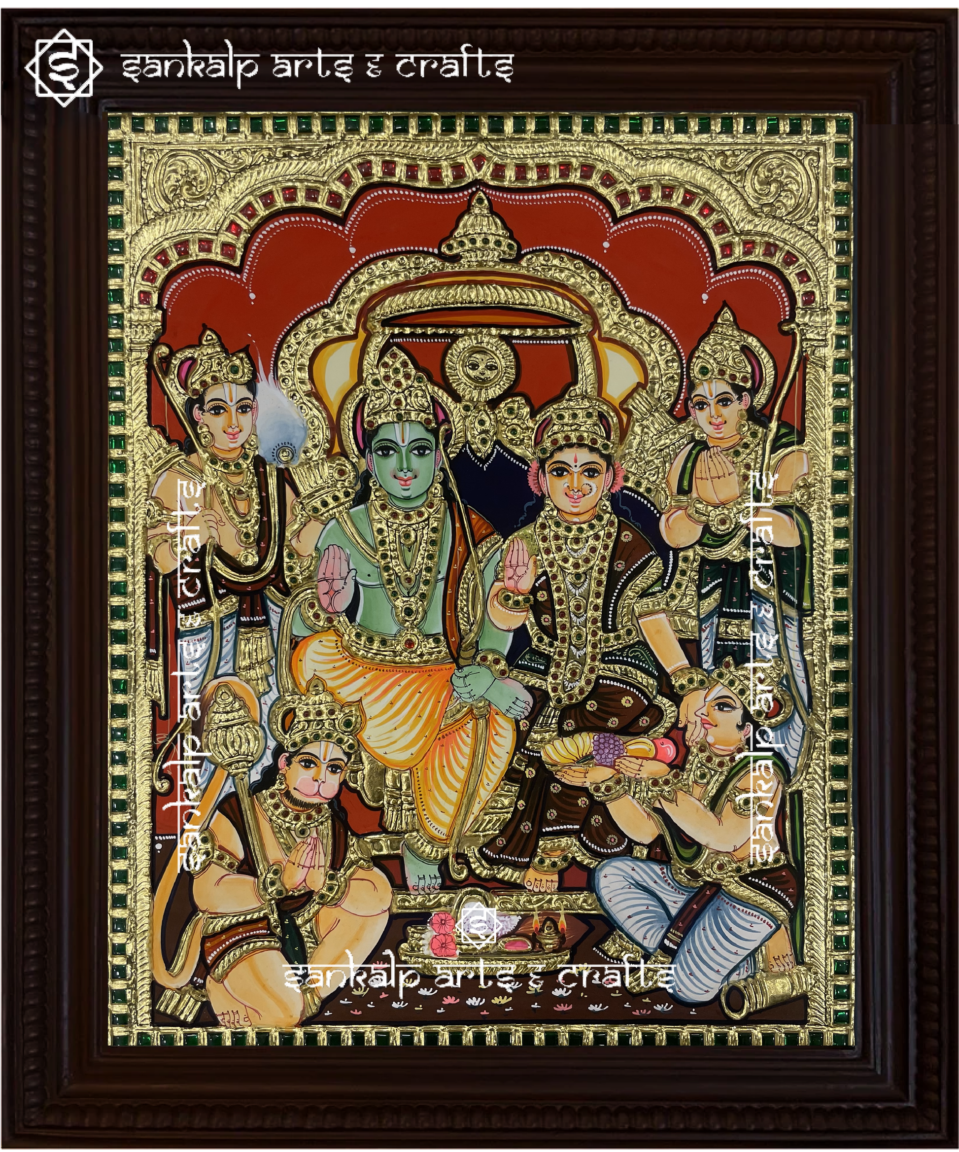 A beautifully framed Tanjore painting of Ram Darbar, featuring Lord Rama, Sita, Lakshmana, and Hanuman with intricate gold detailing. A perfect decor piece for homes in Chennai & Bangalore.