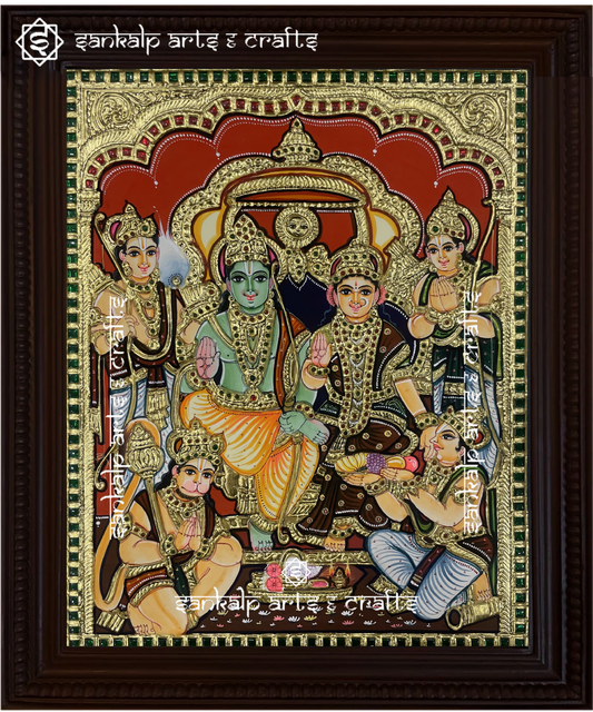 A beautifully framed Tanjore painting of Ram Darbar, featuring Lord Rama, Sita, Lakshmana, and Hanuman with intricate gold detailing. A perfect decor piece for homes in Chennai & Bangalore.