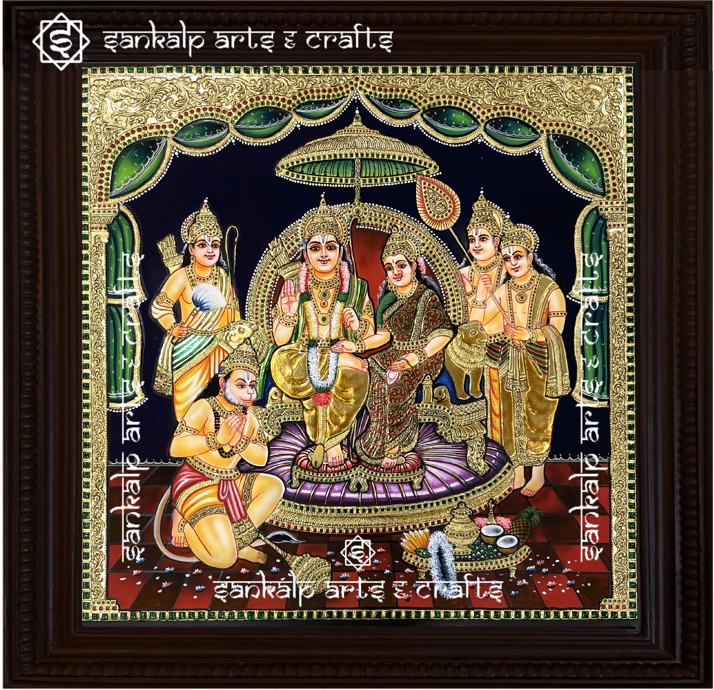 The Ram Darbar Tanjore painting showcases intricate artistry, rich colors, and divine grace, perfect for pooja rooms and temples in Chennai & Bangalore.

