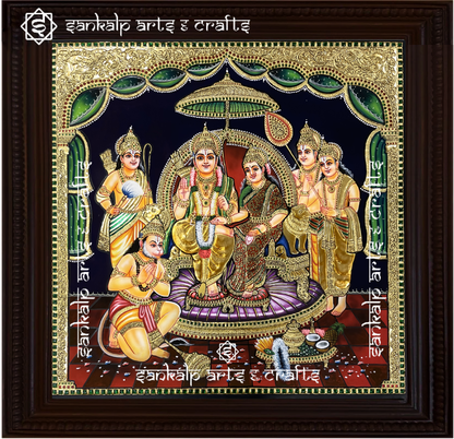 The Ram Darbar Tanjore painting showcases intricate artistry, rich colors, and divine grace, perfect for pooja rooms and temples in Chennai & Bangalore.

