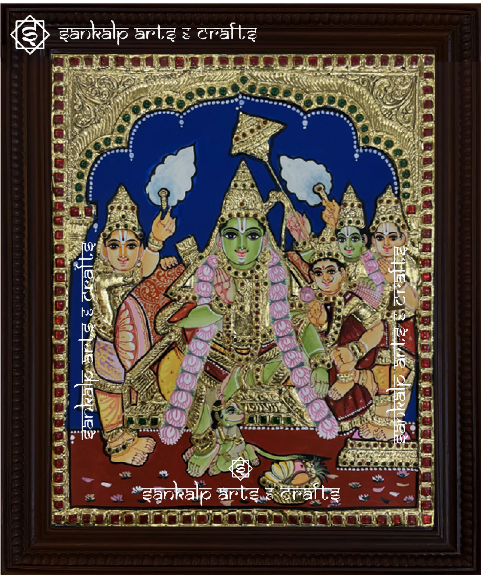 A majestic antique-style Tanjore painting of Ramar Pattabishekam, featuring intricate gold work and vibrant colors, perfect for home decor in Chennai & Bangalore.

