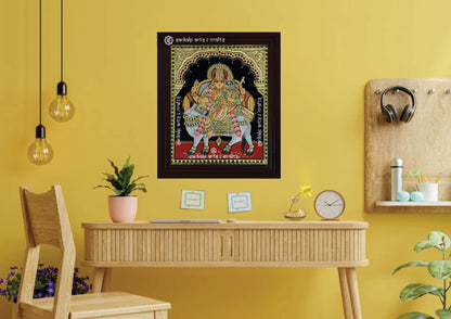 A framed Rishaba Vahanam Shiva Parvathi Tanjore painting, perfect for adding a divine aura to temples and pooja rooms in Chennai & Bangalore.