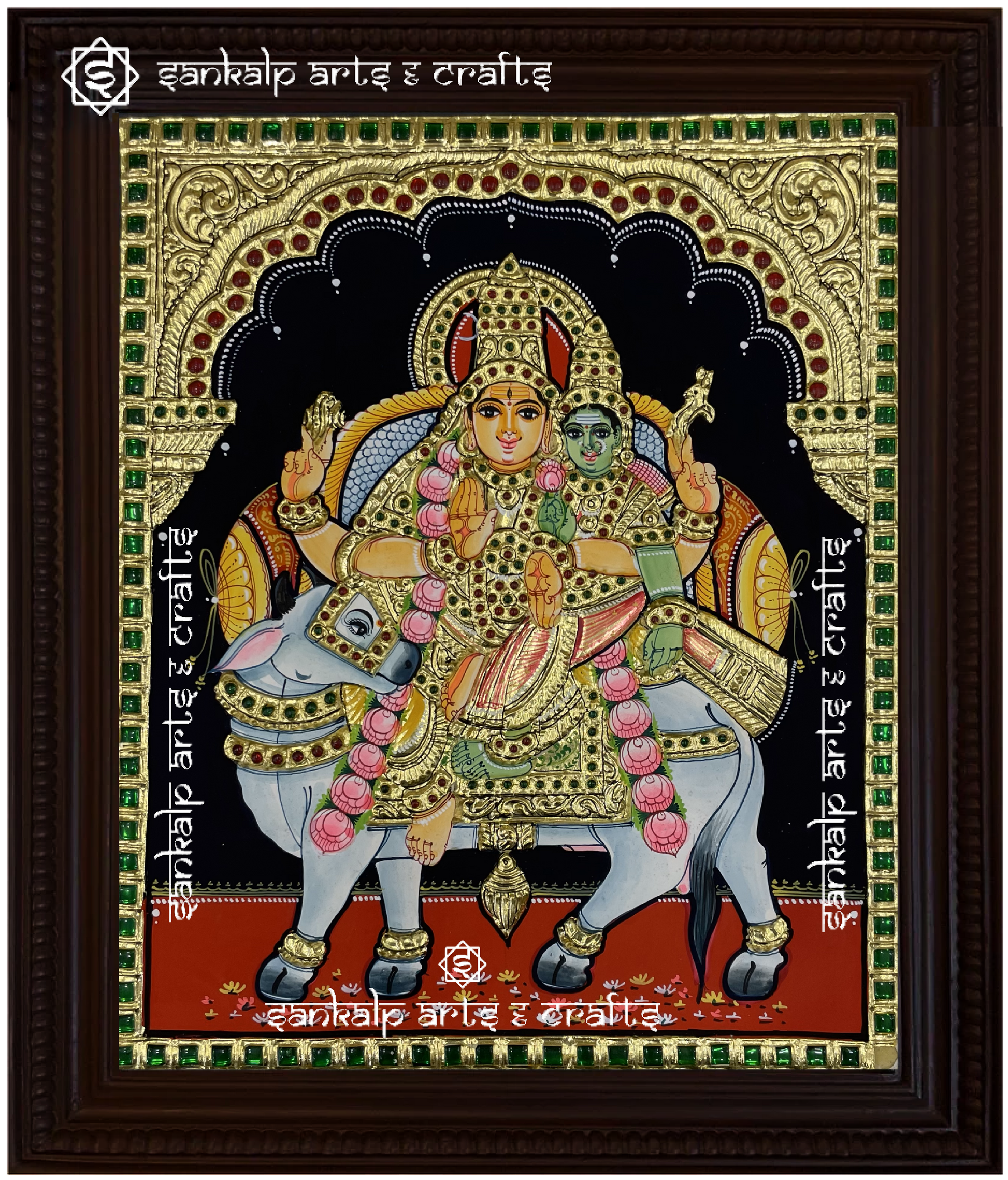 A stunning Rishaba Vahanam Shivan Parvathi Tanjore painting, featuring Lord Shiva and Goddess Parvathi on Nandi, handcrafted with gold foil detailing. Ideal for homes in Chennai & Bangalore.