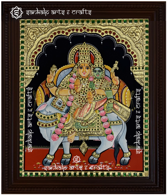 A stunning Rishaba Vahanam Shivan Parvathi Tanjore painting, featuring Lord Shiva and Goddess Parvathi on Nandi, handcrafted with gold foil detailing. Ideal for homes in Chennai & Bangalore.
