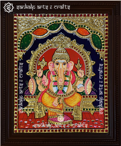 Handcrafted Raja Alangara Ganesha Tanjore painting featuring intricate embellishments, symbolizing wisdom and prosperity. Ideal for pooja rooms in Chennai & Bangalore.

