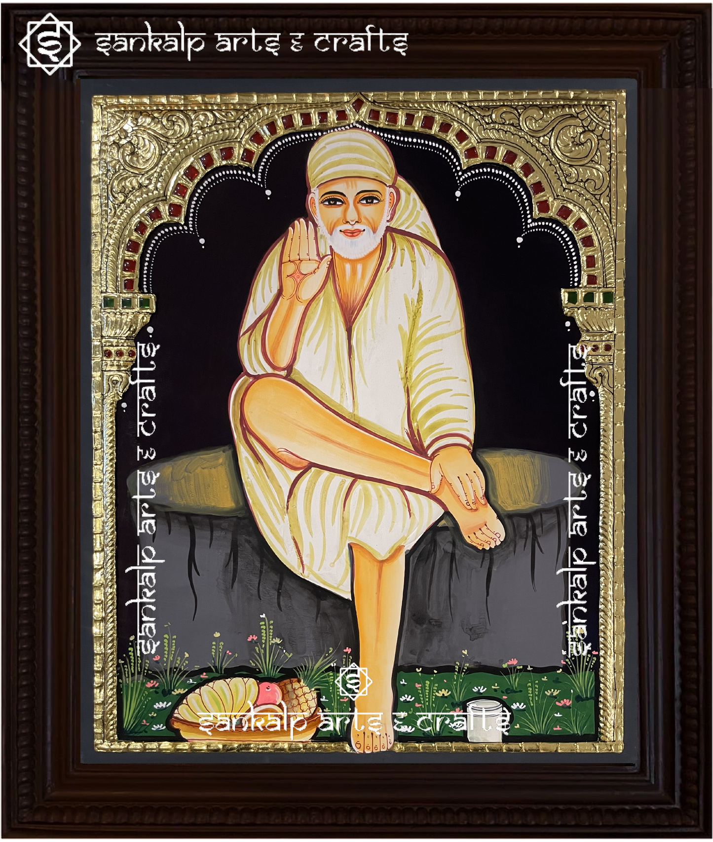 A beautifully framed Tanjore painting of Shirdi Saibaba, crafted with intricate gold foil work and rich colors. A perfect decor piece for homes in Chennai & Bangalore.

