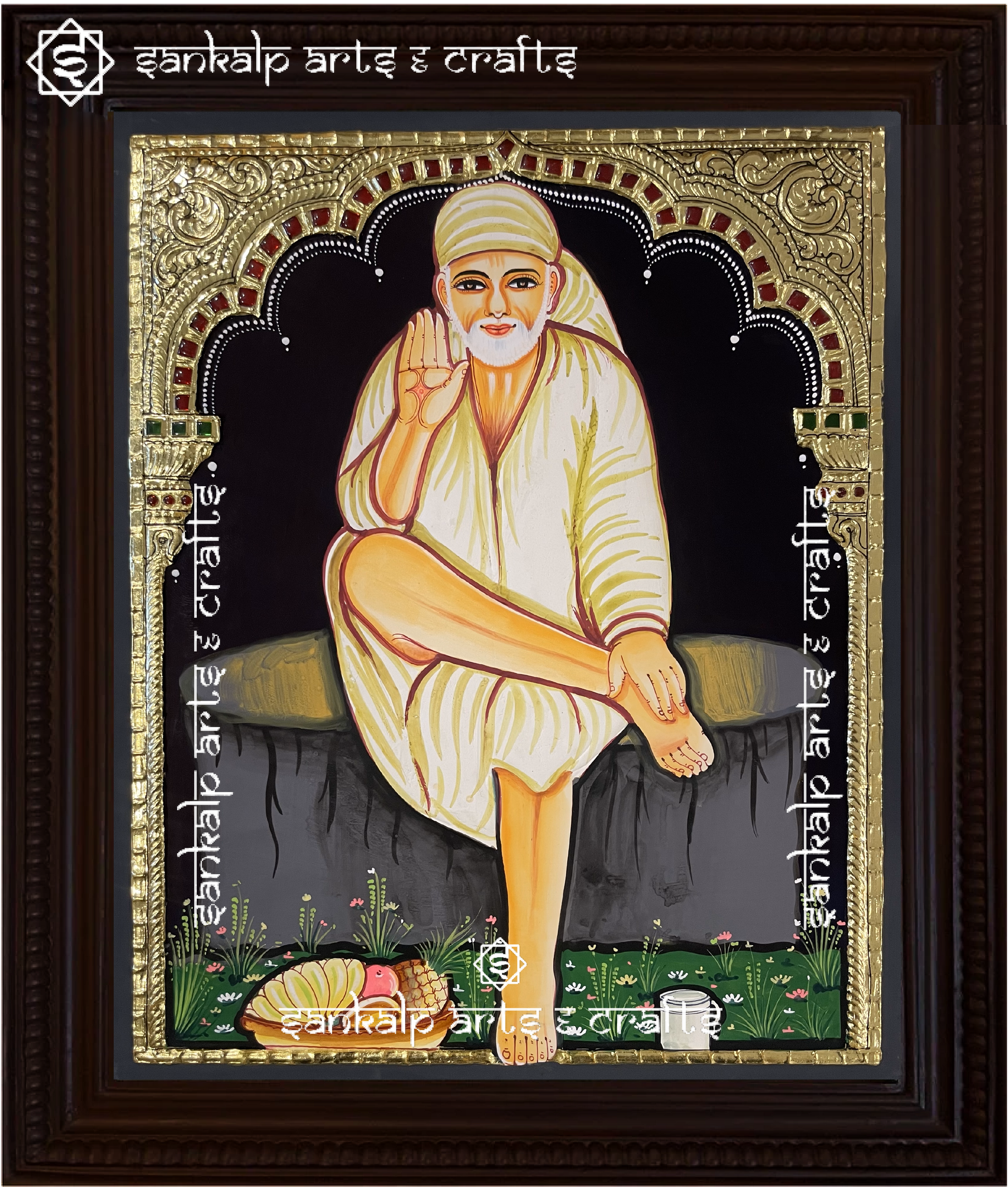 A beautifully framed Tanjore painting of Shirdi Saibaba, crafted with intricate gold foil work and rich colors. A perfect decor piece for homes in Chennai & Bangalore.


